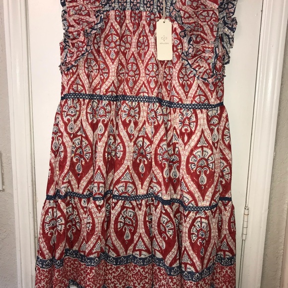 Ash & Eden Red Olga Mini Lace Dress sz M Cotton Tiered Made in India NWT - Picture 2 of 8